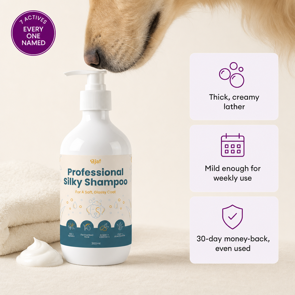 Bjaf Professional Silky Shampoo 300 ml bottle. 7 actives, every one named. Thick creamy lather, mild enough for weekly use, 30-day money-back even used.