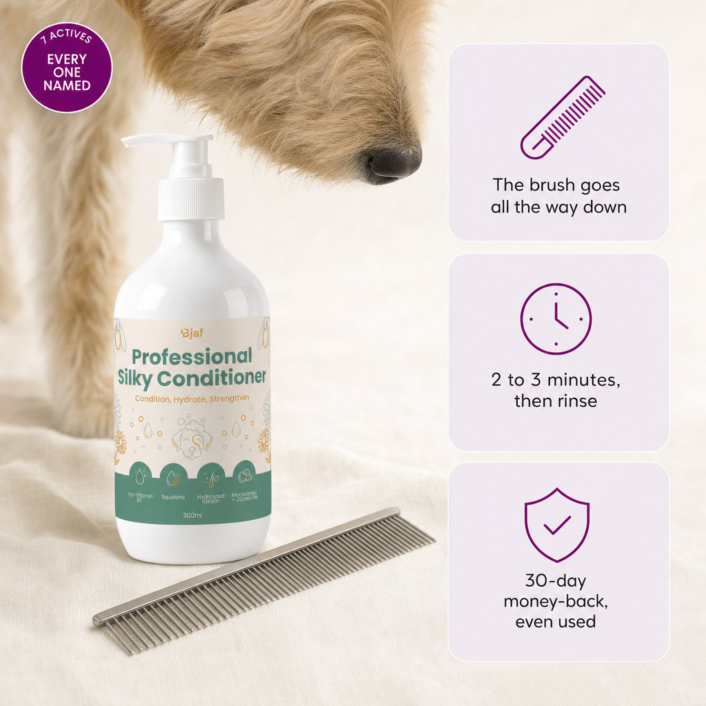 Bjaf Professional Silky Conditioner 300 ml bottle. 7 actives, every one named. The brush goes all the way down, 2 to 3 minutes then rinse, 30-day money-back even used.