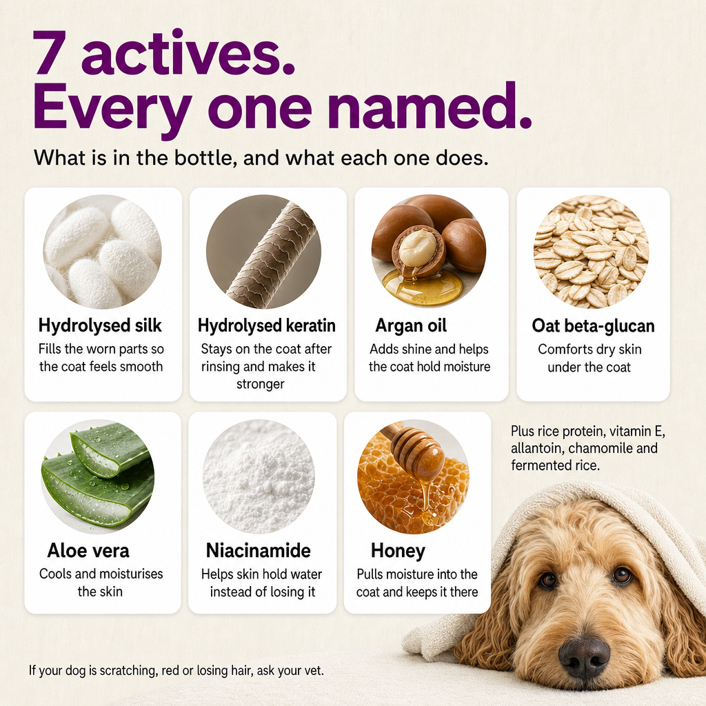 7 actives, every one named: hydrolysed silk, hydrolysed keratin, argan oil, oat beta-glucan, aloe vera, niacinamide, honey.