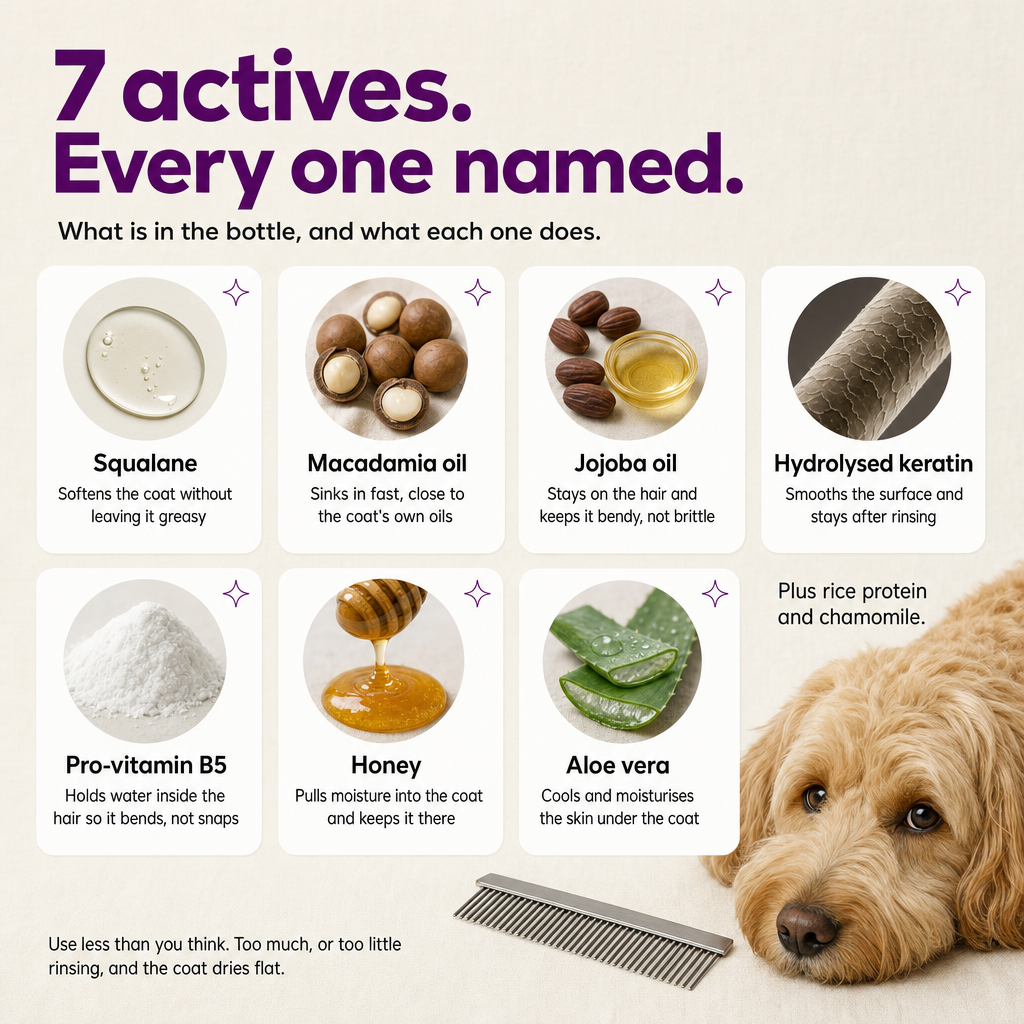 7 actives, every one named: squalane, macadamia oil, jojoba oil, hydrolysed keratin, pro-vitamin B5, honey, aloe vera.