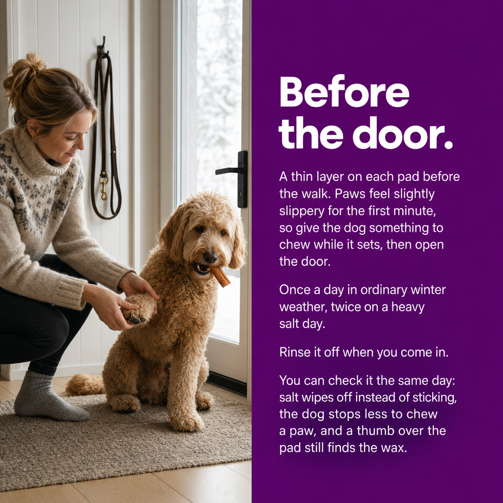 Before the door: a thin layer on each pad, a minute to set with a chew, then the walk. Rinse off when you come in.