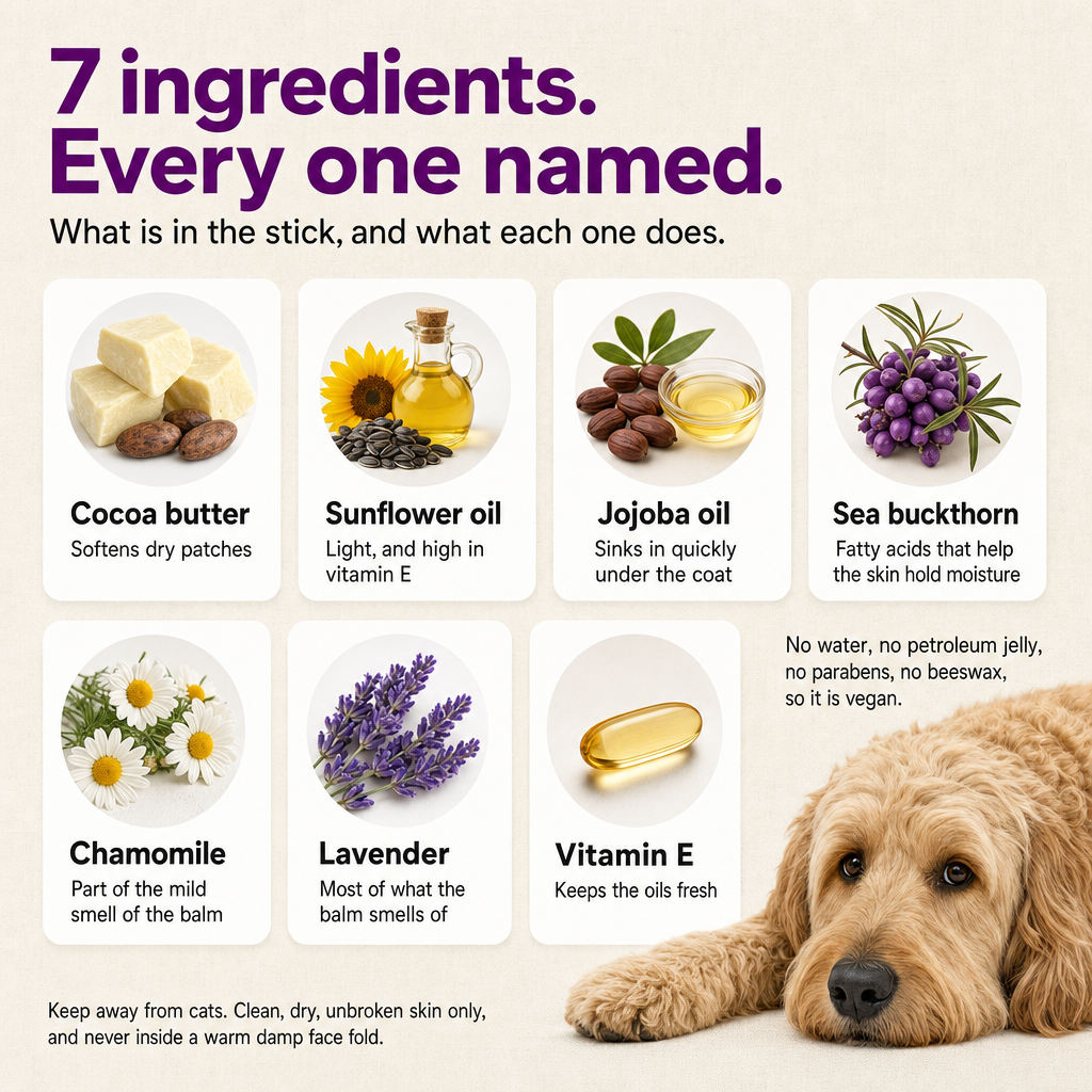 7 ingredients, every one named: cocoa butter, sunflower oil, jojoba oil, sea buckthorn, chamomile, lavender, vitamin E. Vegan.