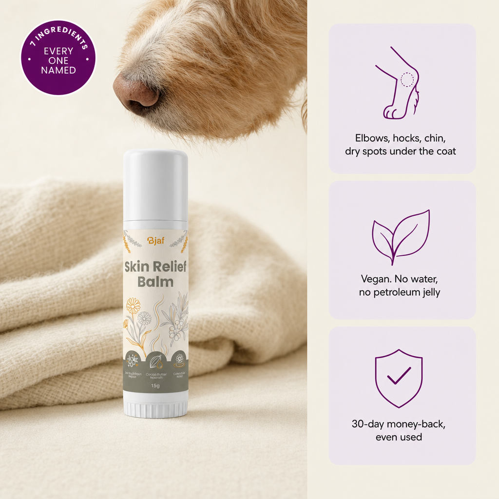 Bjaf Skin Relief Balm stick, 7 ingredients every one named. Elbows, hocks, chin and dry spots under the coat. Vegan, 30-day money-back even used.