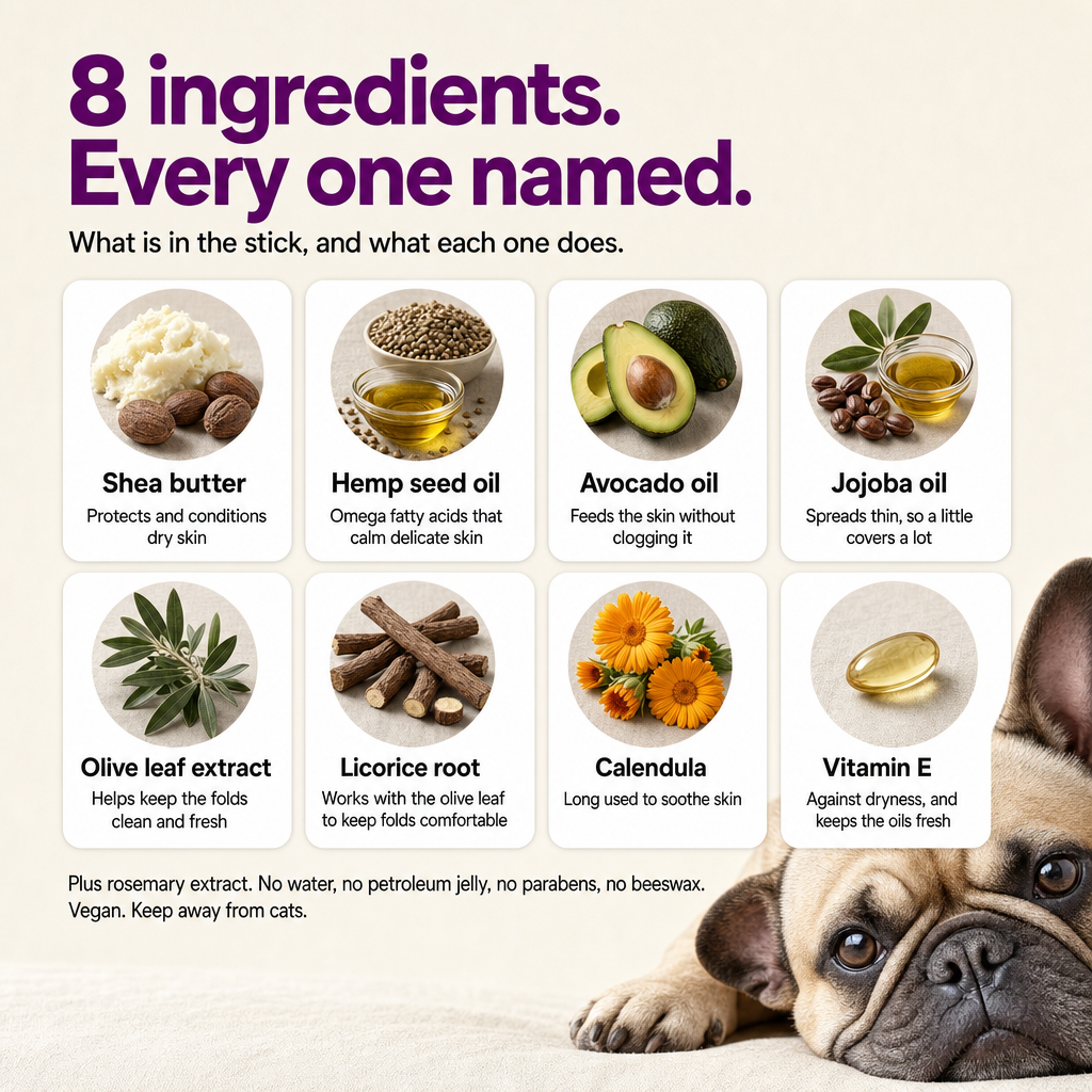 8 ingredients, every one named: shea butter, hemp seed oil, avocado oil, jojoba oil, olive leaf extract, licorice root, calendula, vitamin E. Vegan.
