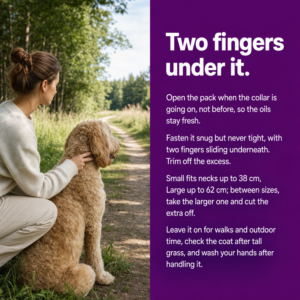 Two fingers under it: open the pack when it goes on, fasten snug never tight, trim the excess, check the coat after tall grass. Small up to 38 cm, Large up to 62 cm.