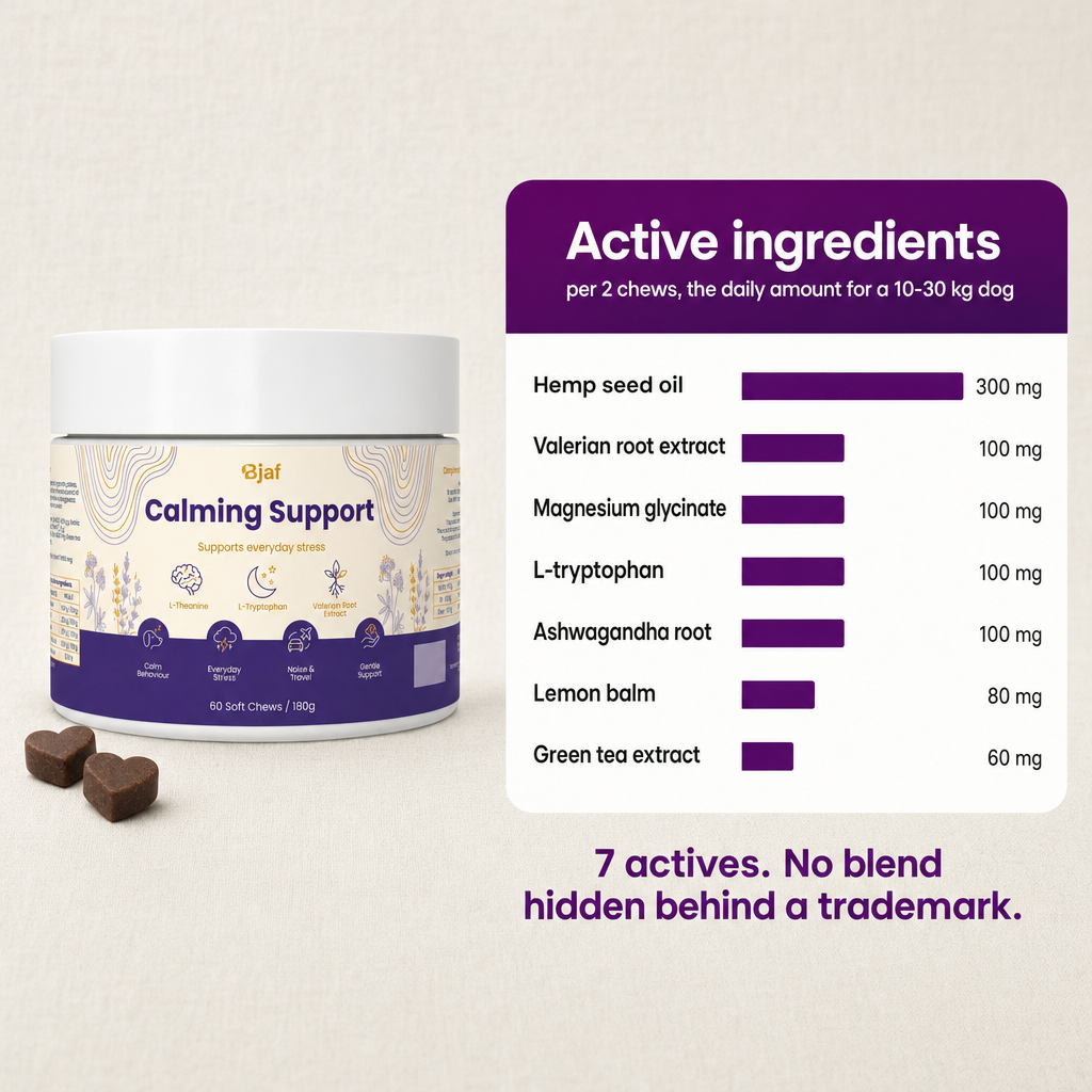 Active ingredients per 2 chews: hemp seed oil, valerian root, magnesium glycinate, L-tryptophan, ashwagandha, lemon balm, green tea