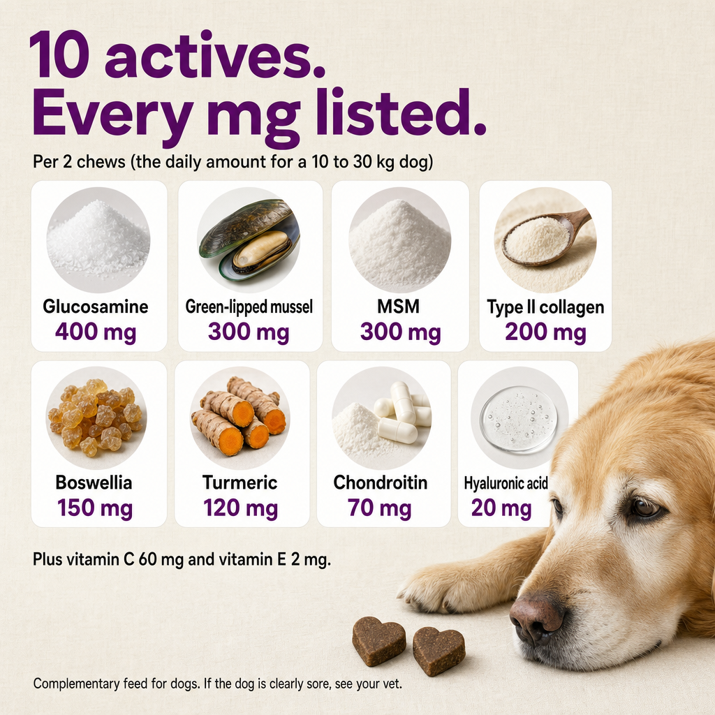 10 actives, every mg listed per 2 chews: glucosamine 400 mg, green-lipped mussel 300 mg, MSM 300 mg, type II collagen 200 mg, boswellia 150 mg, turmeric 120 mg, chondroitin 70 mg, hyaluronic acid 20 mg, plus vitamin C and E.