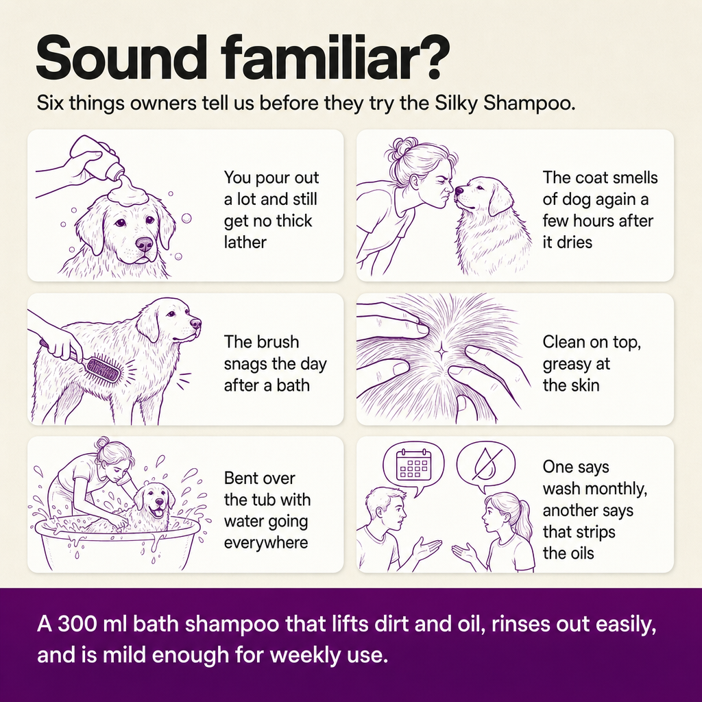 Sound familiar? Six things owners describe before trying the Silky Shampoo: no lather, doggy smell hours later, brush snags, greasy at the skin, water everywhere, conflicting advice.