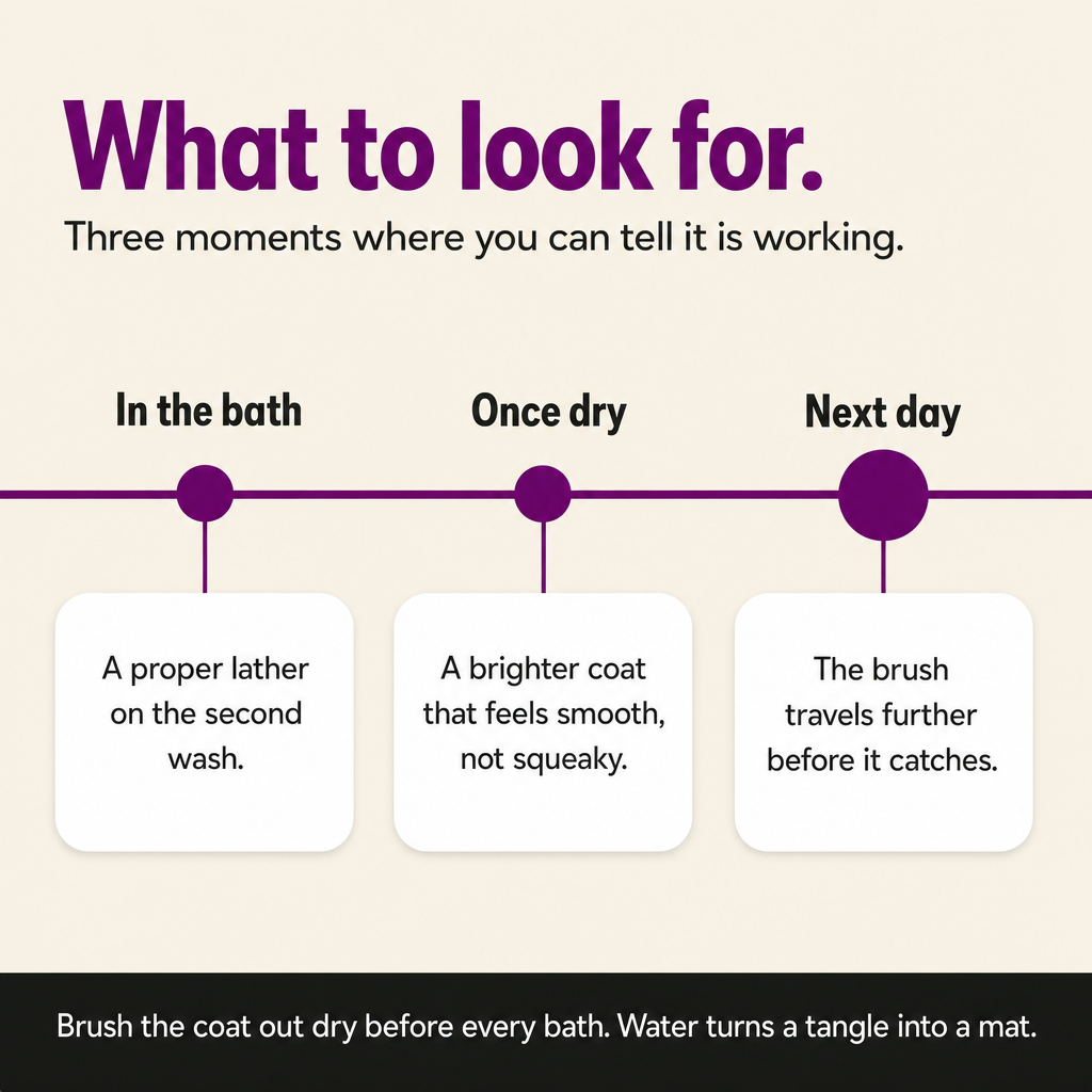 What to look for: a proper lather in the bath, a smooth brighter coat once dry, a brush that travels further next day.