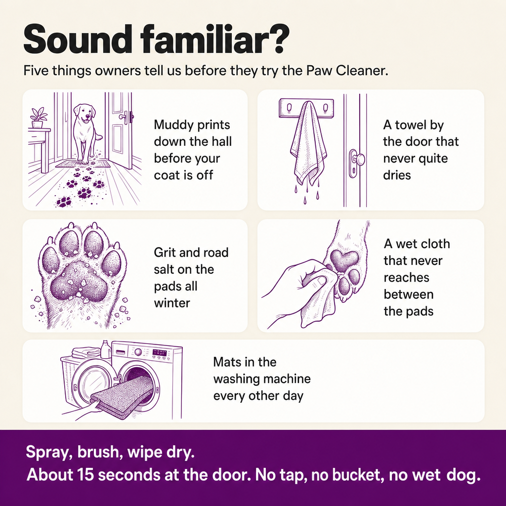 Sound familiar? Five things owners describe before trying the Paw Cleaner: muddy prints down the hall, a towel that never dries, grit and salt on the pads, a cloth that misses between the pads, mats in the washing machine.