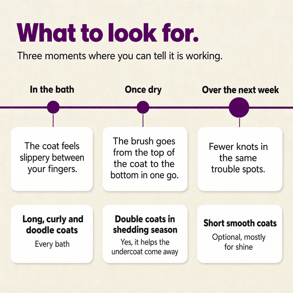 What to look for: slippery coat in the bath, brush goes top to bottom once dry, fewer knots over the next week. Which coats need it most.
