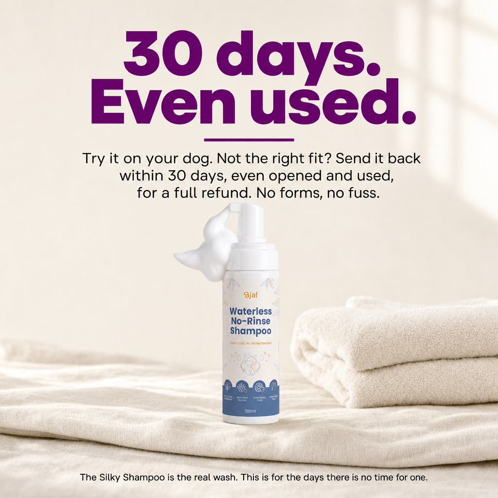 30 days money-back, even used. Bjaf Waterless No-Rinse Shampoo.