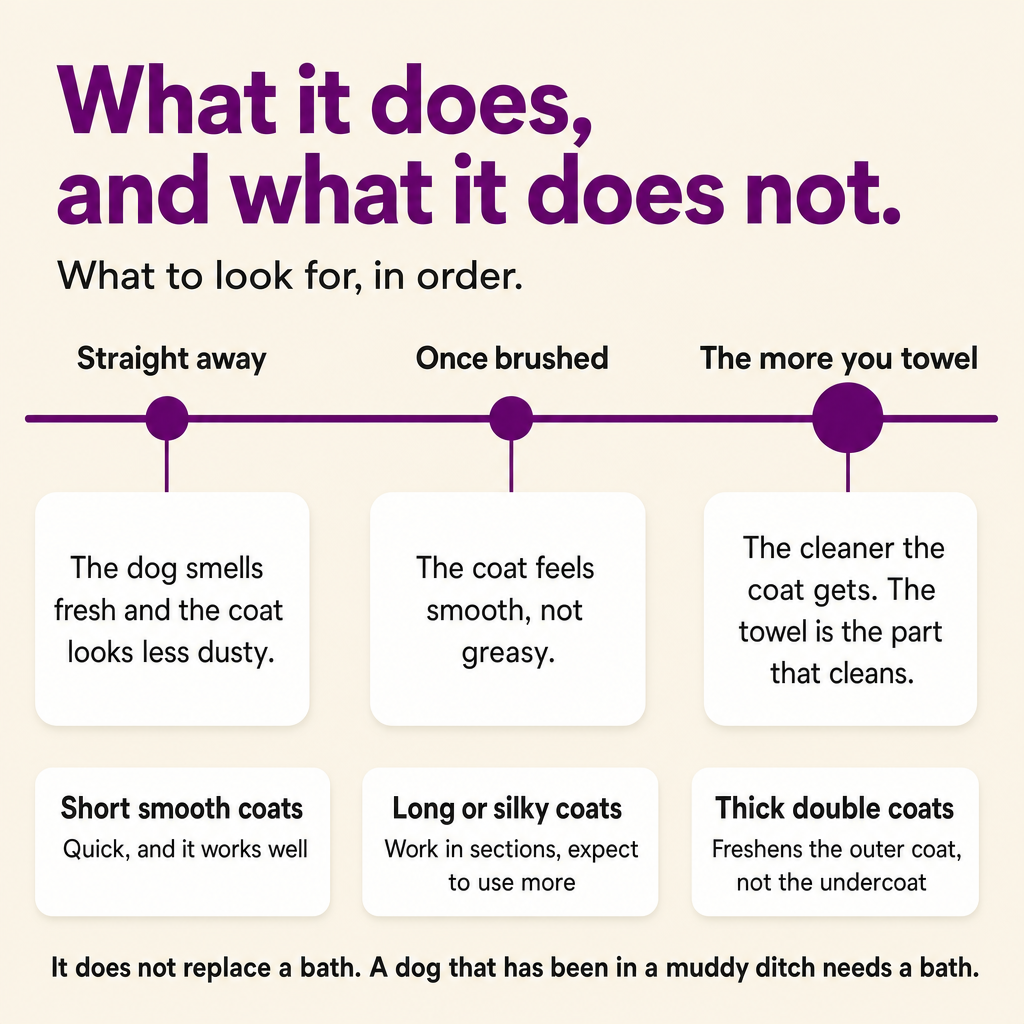 What it does and what it does not: fresh straight away, smooth once brushed, cleaner the more you towel. Coat types. It does not replace a bath.