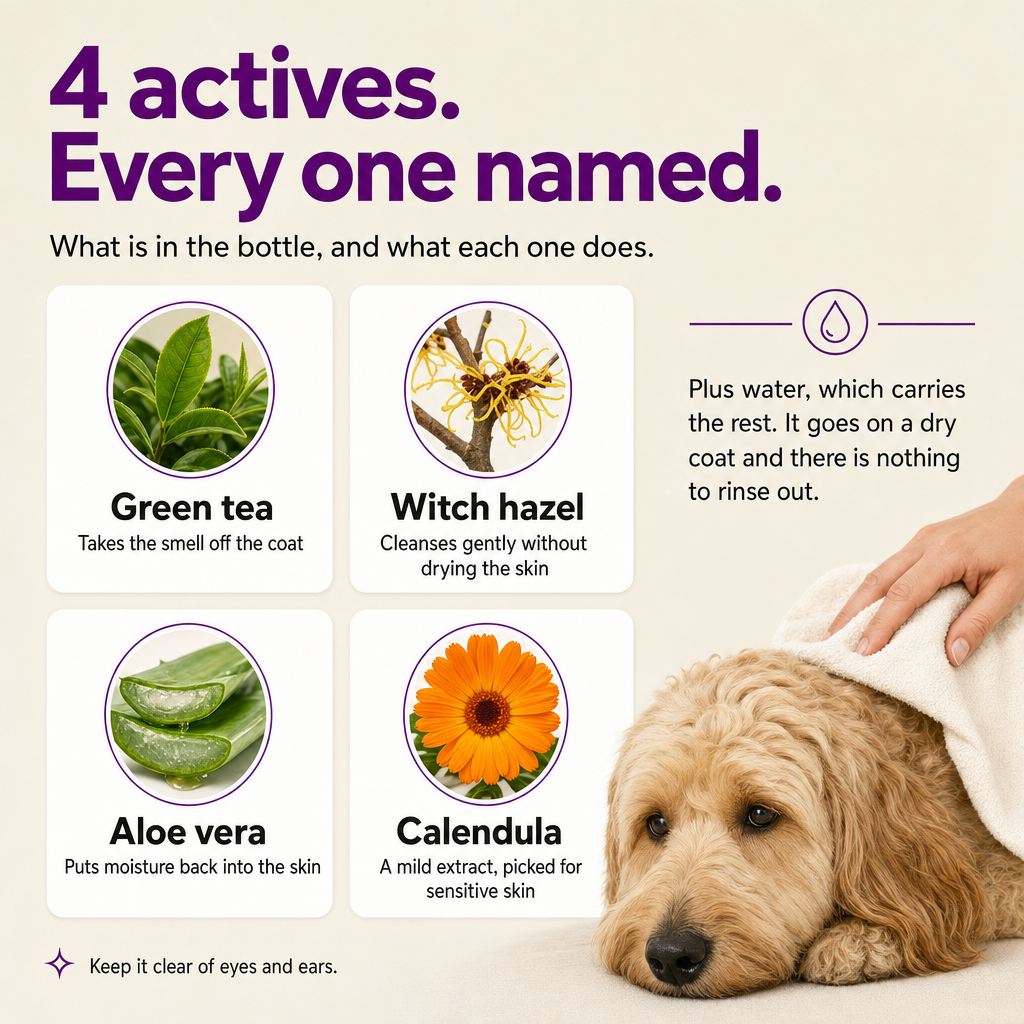 4 actives, every one named: green tea, witch hazel, aloe vera, calendula.