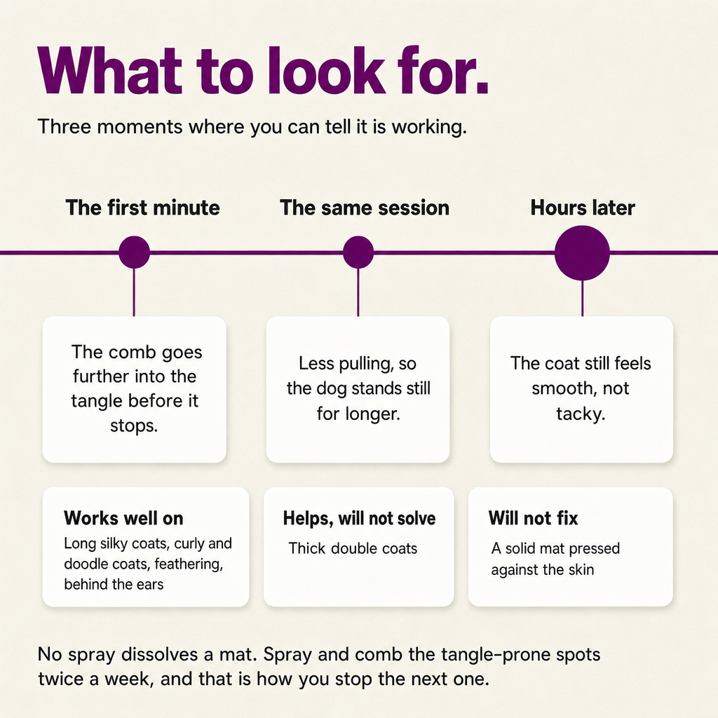 What to look for: the comb goes further in the first minute, less pulling in the same session, a smooth coat hours later. Which coats it works on.
