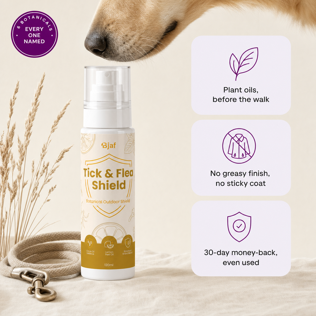 Bjaf Tick & Flea Shield Spray 120 ml. 6 botanicals, every one named. Plant oils before the walk, no greasy finish, 30-day money-back even used.