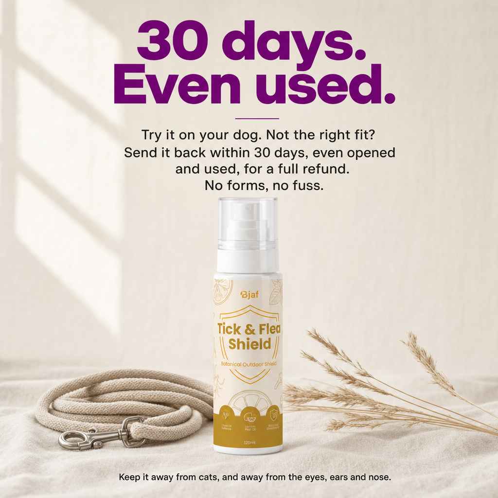 30 days money-back, even used. Bjaf Tick & Flea Shield Spray.
