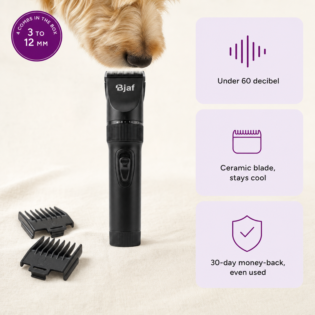 Bjaf Dog Clipper Pro, cordless with ceramic blade. 4 combs in the box, 3 to 12 mm. Under 60 decibel, ceramic blade stays cool, 30-day money-back even used.