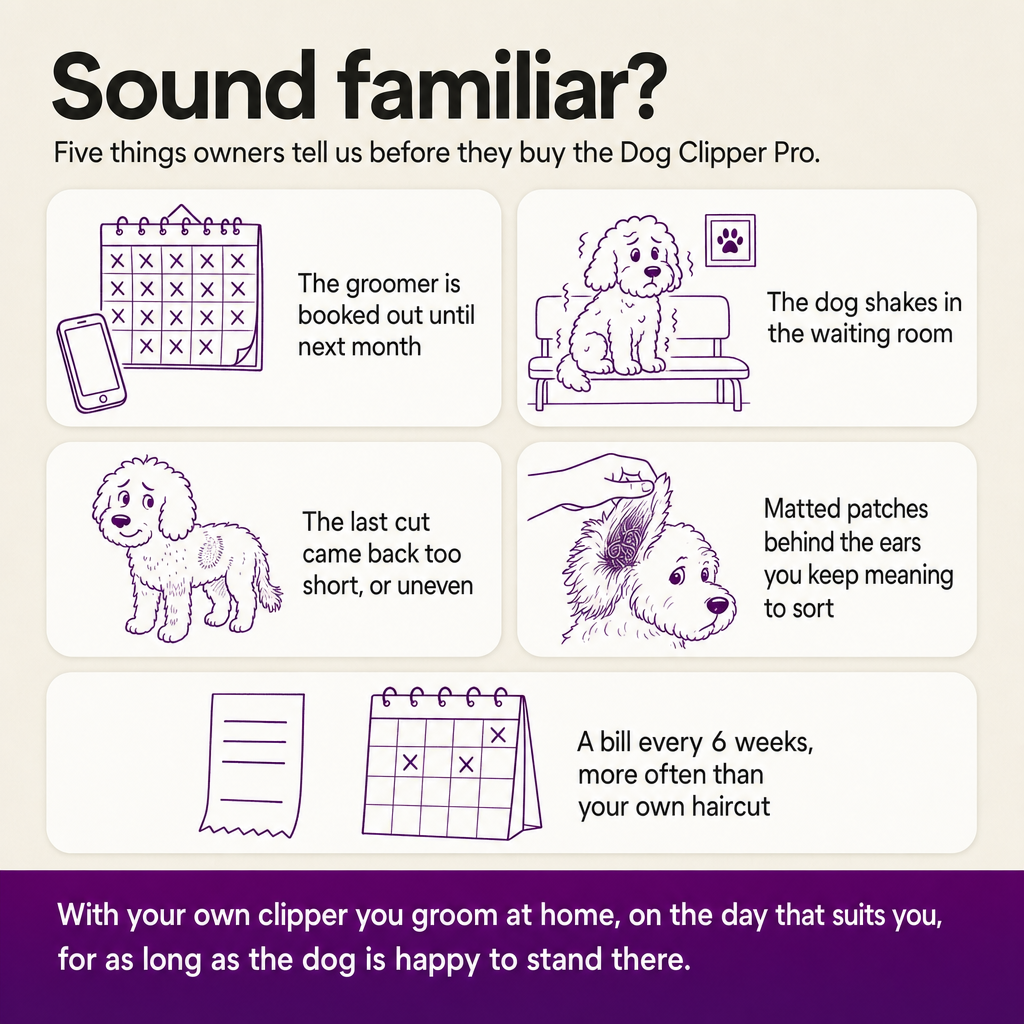 Sound familiar? Five things owners describe before buying the Dog Clipper Pro: groomer booked out, dog shakes in the waiting room, uneven last cut, matted patches behind the ears, a bill every 6 weeks.