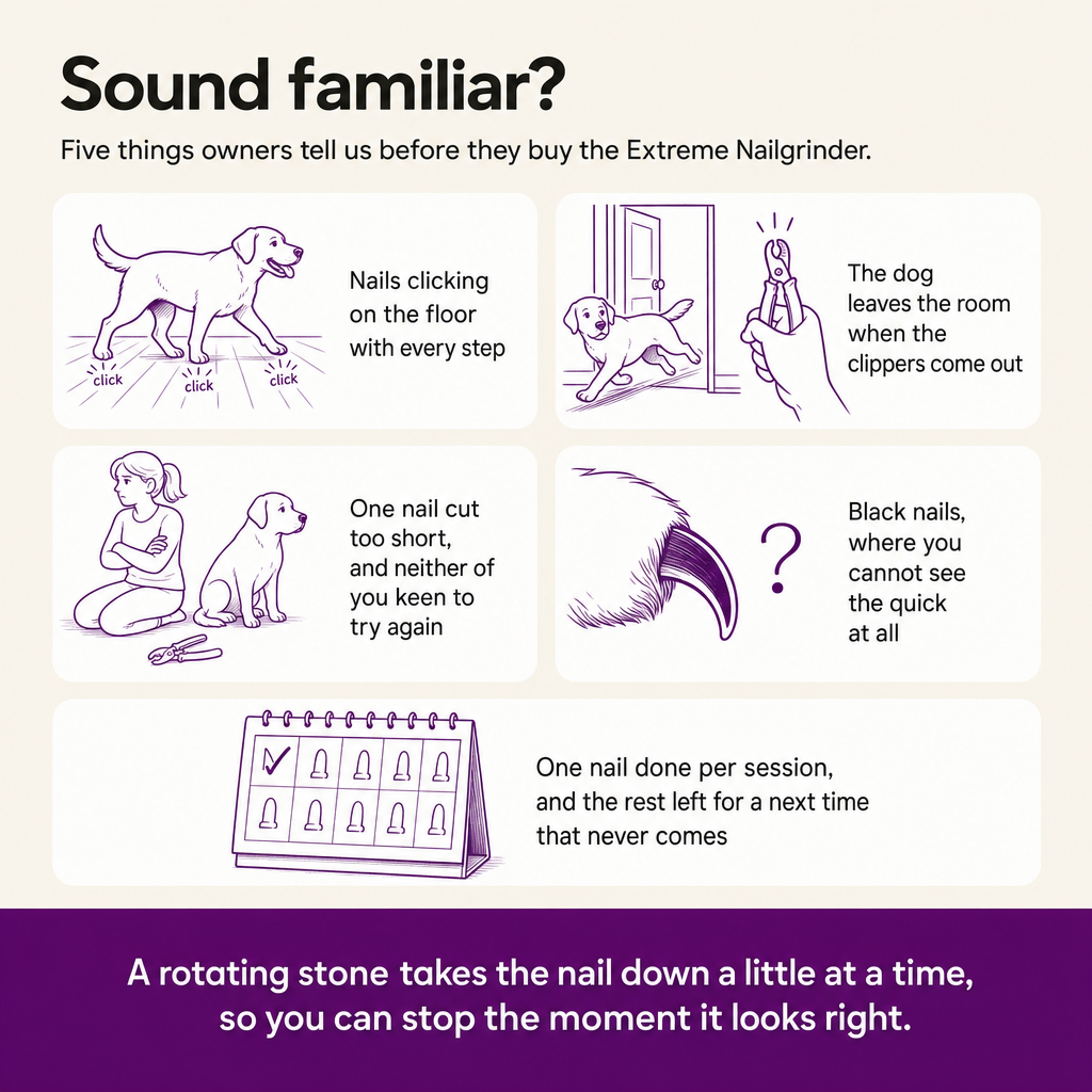 Sound familiar? Five things owners describe before buying the Extreme Nailgrinder: nails clicking, the dog leaves when clippers come out, a nail cut too short, black nails, one nail per session.