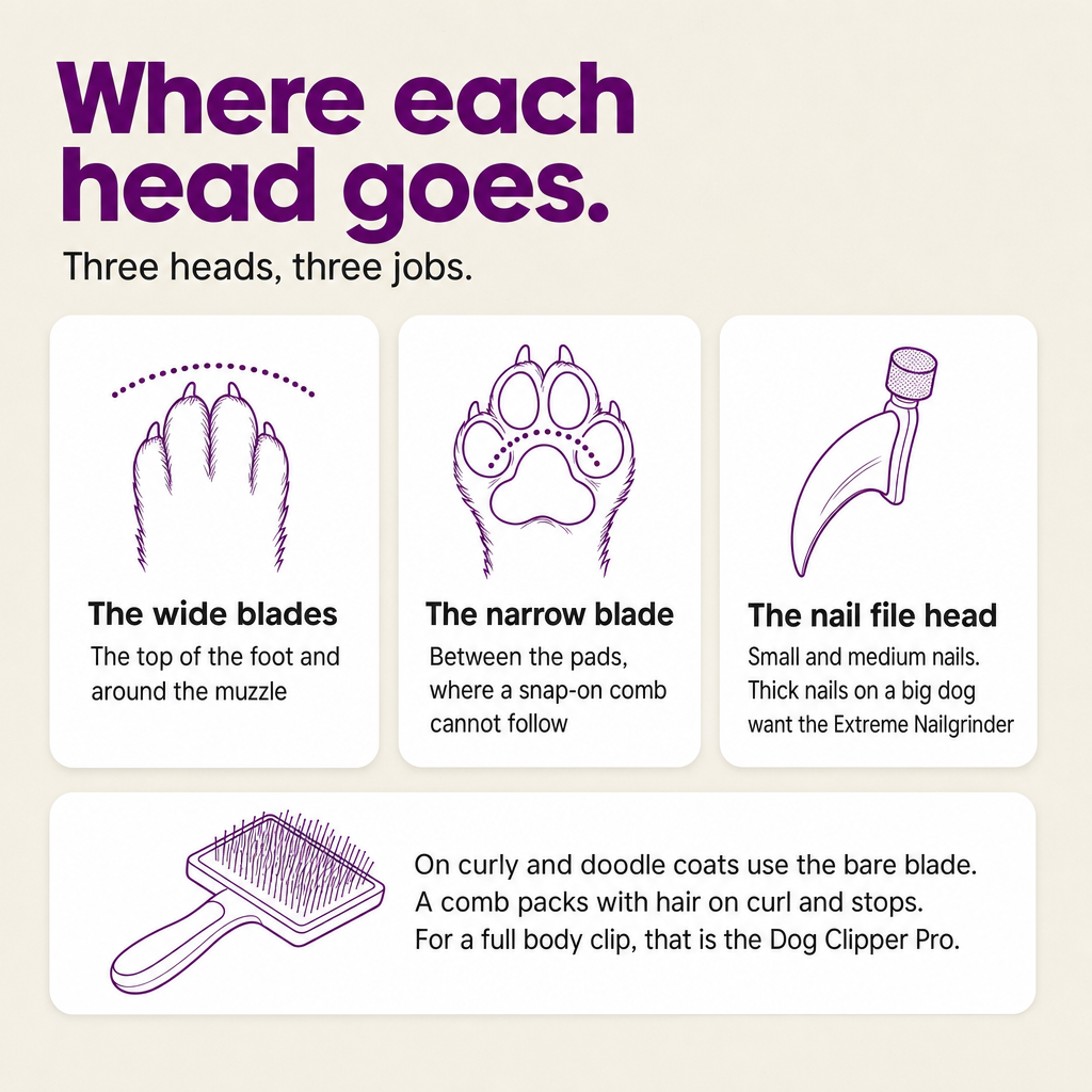 Where each head goes: wide blades on top of the foot, narrow blade between the pads, nail file for small and medium nails.