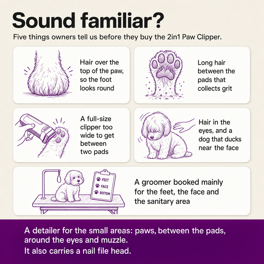 Sound familiar? Five things owners describe before buying the 2in1 Paw Clipper: hair over the paw, hair between the pads, a clipper too wide, hair in the eyes, a groomer booked for feet and face.