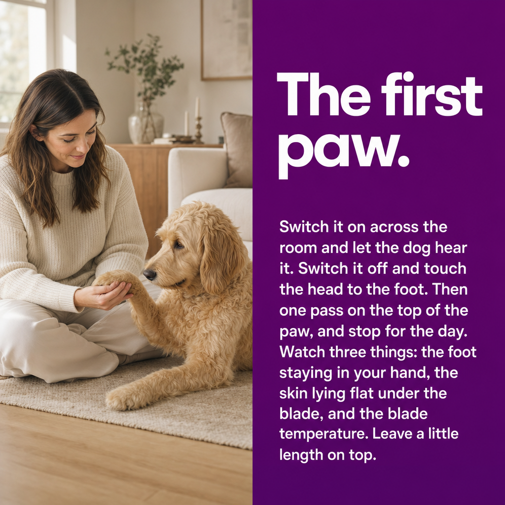 The first paw: let the dog hear it, touch the head to the foot, one pass on top, stop for the day. Watch the foot, the skin and the blade temperature.