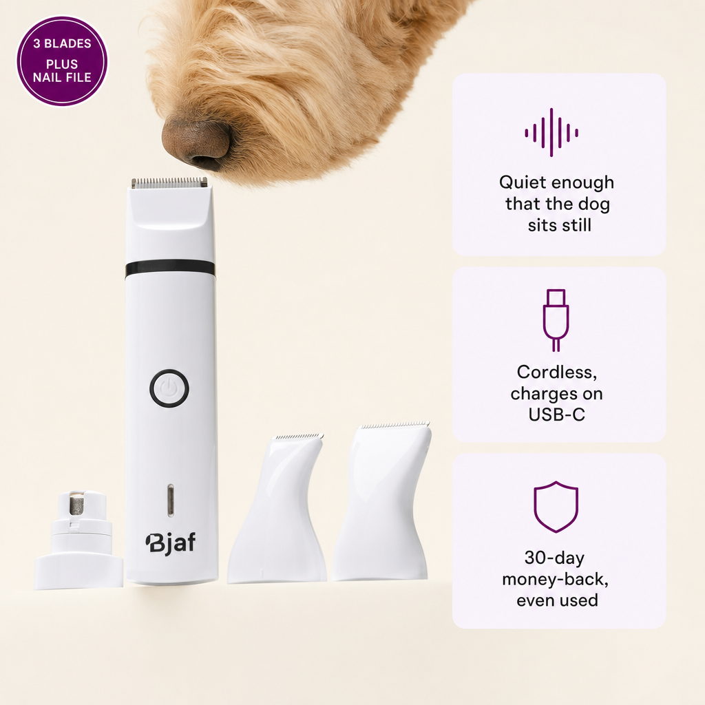 Bjaf 2in1 Paw Clipper with three blade heads and nail file. Quiet enough that the dog sits still, cordless USB-C, 30-day money-back even used.