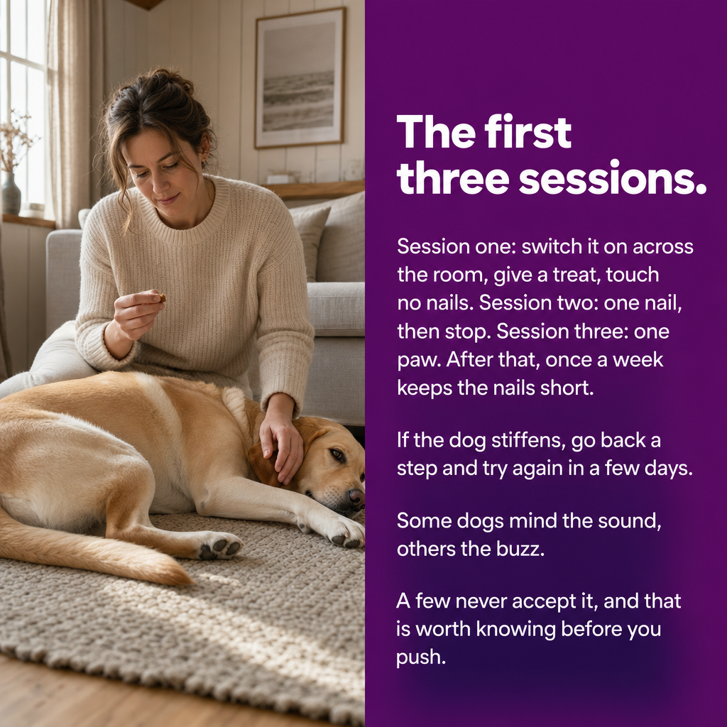 The first three sessions: let the dog hear it and give a treat, then one nail, then one paw. Once a week after that.