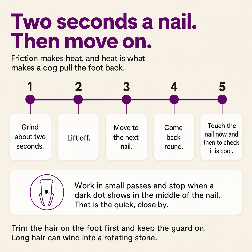 Two seconds a nail, then move on: grind, lift off, next nail, come back round, check it is cool. Stop when a dark dot shows in the middle of the nail.