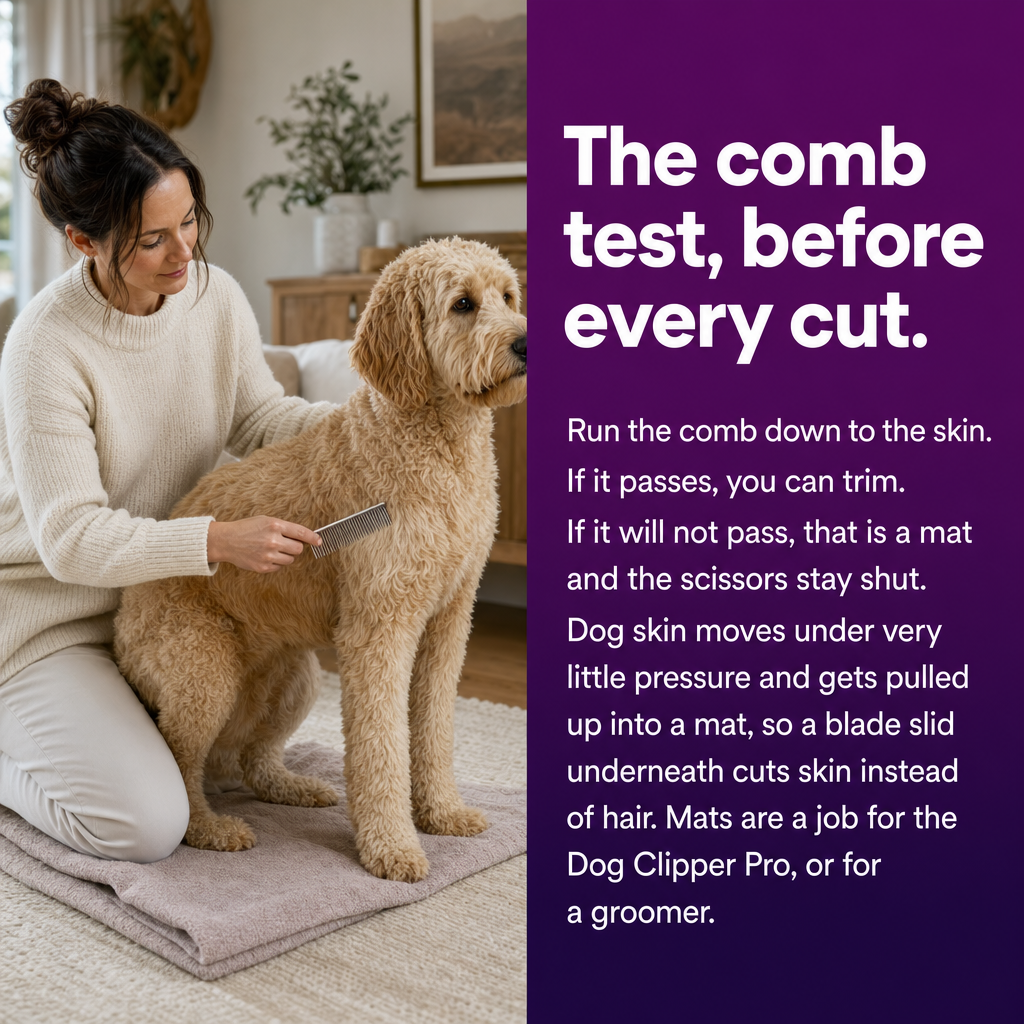 The comb test, before every cut: if the comb passes to the skin you can trim, if not it is a mat and the scissors stay shut.