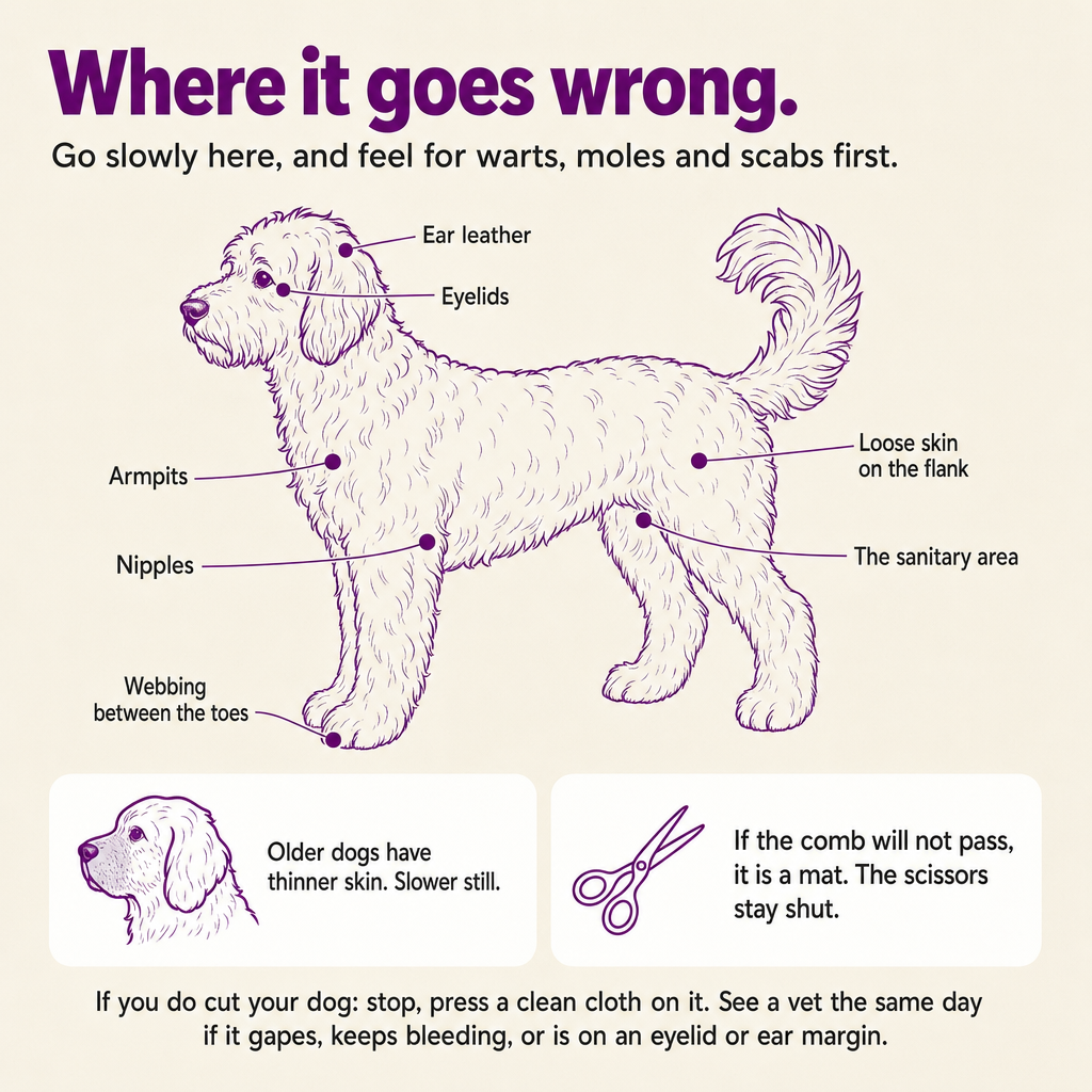 Where it goes wrong: go slowly around ear leather, eyelids, armpits, nipples, the sanitary area, webbing between the toes and the flank. Older dogs have thinner skin.