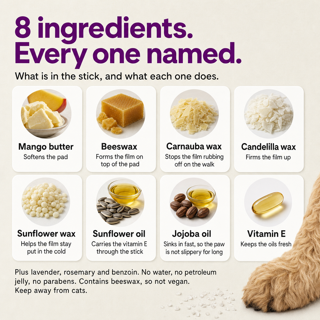 8 ingredients, every one named: mango butter, beeswax, carnauba wax, candelilla wax, sunflower wax, sunflower oil, jojoba oil, vitamin E.
