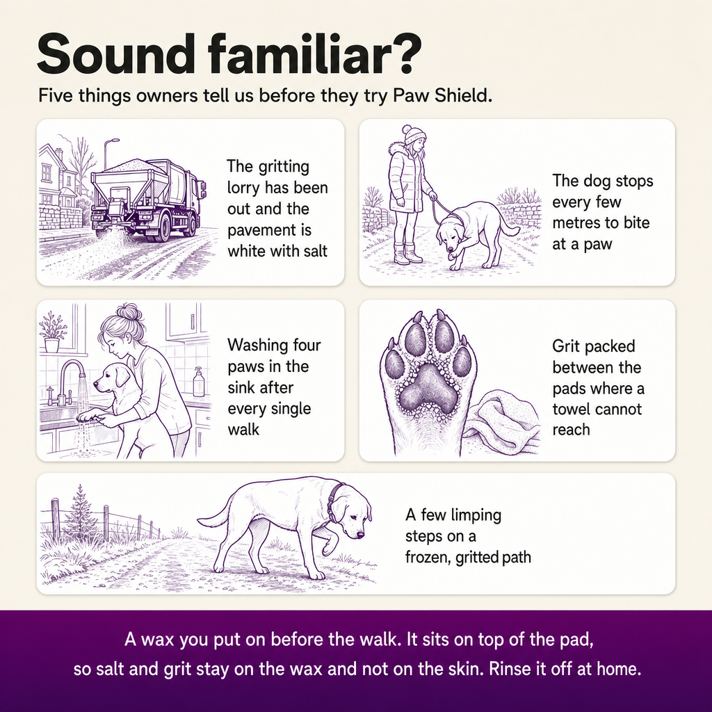 Sound familiar? Five things owners describe before trying Paw Shield: salted pavements, a dog biting at a paw, washing paws in the sink, grit between the pads, limping on a gritted path.