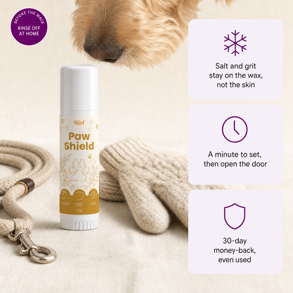 Bjaf Paw Shield wax stick. Before the walk, rinse off at home. Salt and grit stay on the wax, 30-day money-back even used.