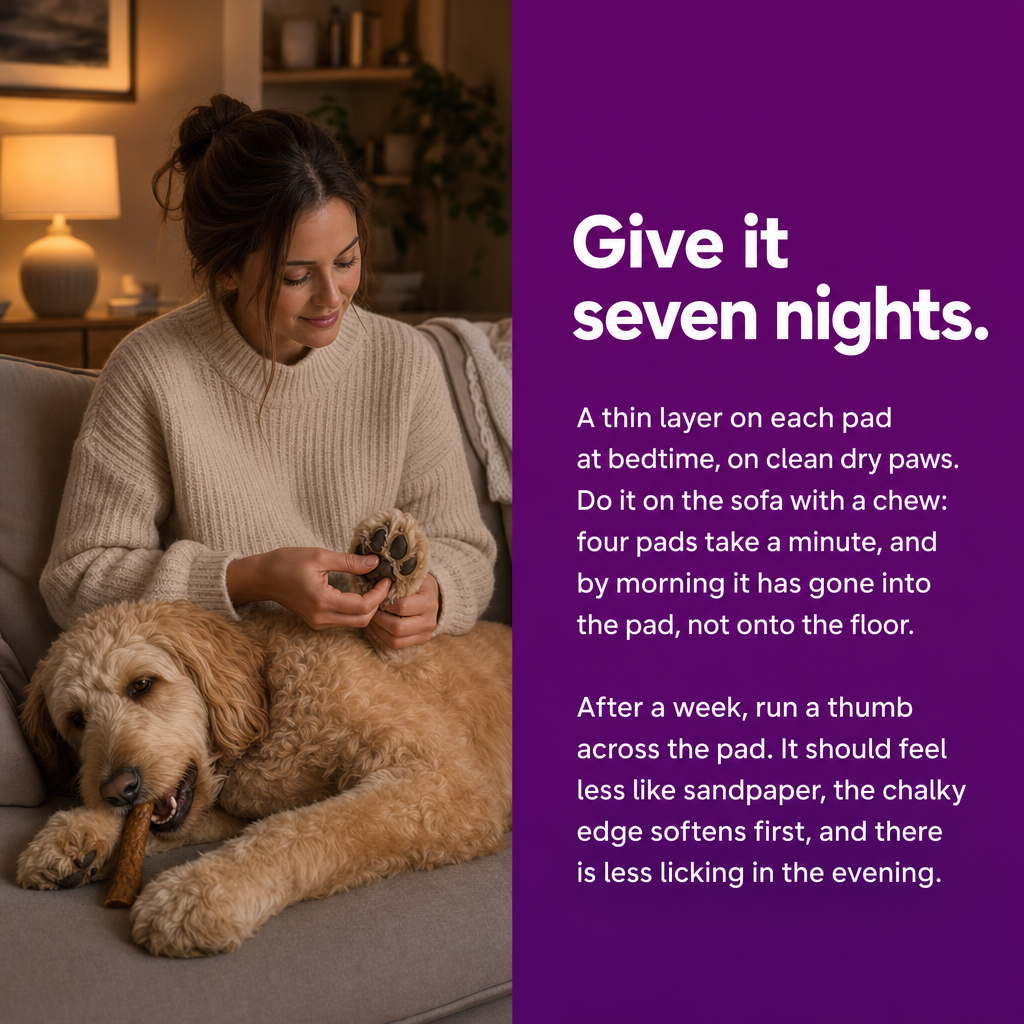 Give it seven nights: a thin layer on each pad at bedtime, on clean dry paws, and check with a thumb after a week.