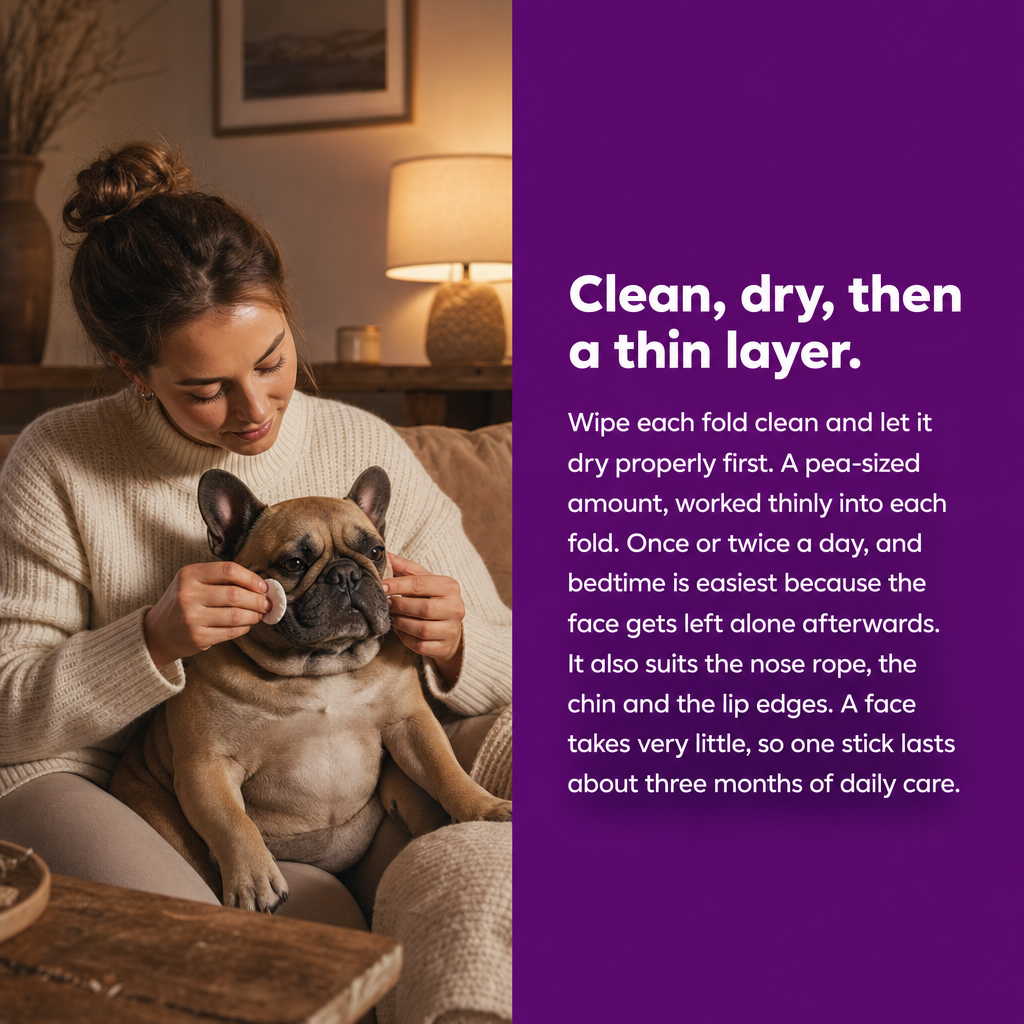 Clean, dry, then a thin layer: wipe each fold, let it dry, a pea-sized amount worked in once or twice a day.