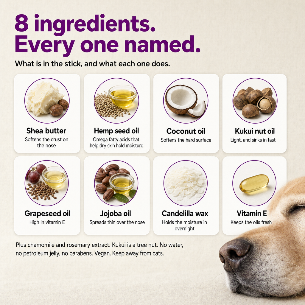 8 ingredients, every one named: shea butter, hemp seed oil, coconut oil, kukui nut oil, grapeseed oil, jojoba oil, candelilla wax, vitamin E. Vegan.