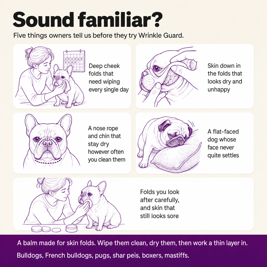 Sound familiar? Five things owners describe before trying Wrinkle Guard: cheek folds wiped every day, dry skin in the folds, a dry nose rope and chin, a face that never settles, folds that still look sore.
