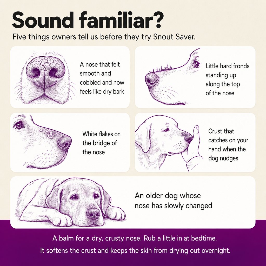 Sound familiar? Five things owners describe before trying Snout Saver: a nose like dry bark, hard fronds on top, white flakes, crust that catches your hand, an older dog whose nose has changed.