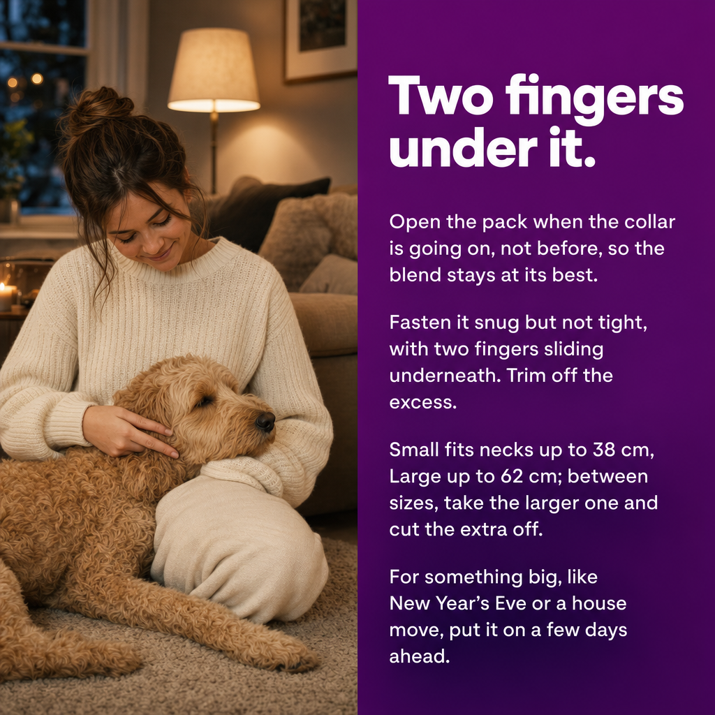 Two fingers under it: open the pack when it goes on, fasten snug not tight, trim the excess. Small up to 38 cm, Large up to 62 cm.