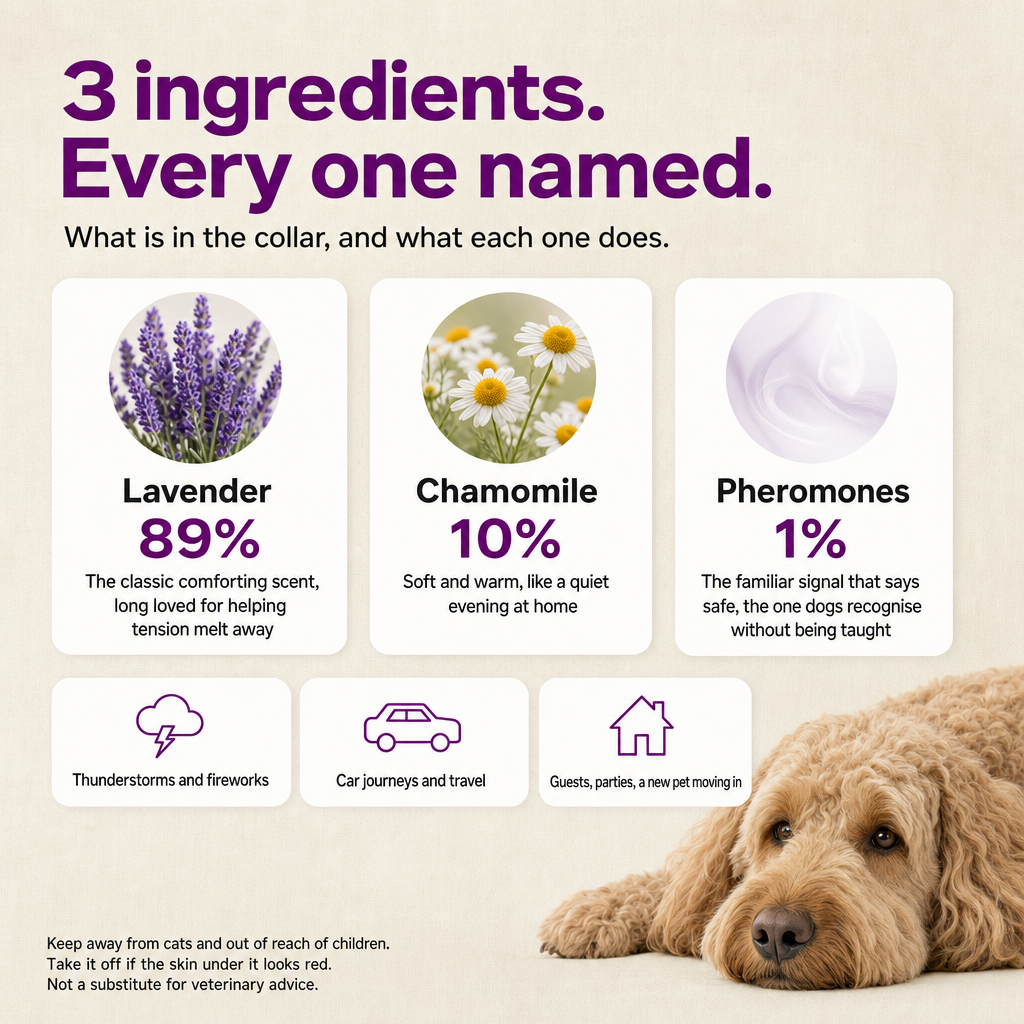 3 ingredients, every one named: lavender 89%, chamomile 10%, pheromones 1%. For thunderstorms, fireworks, car journeys, guests and a new pet.