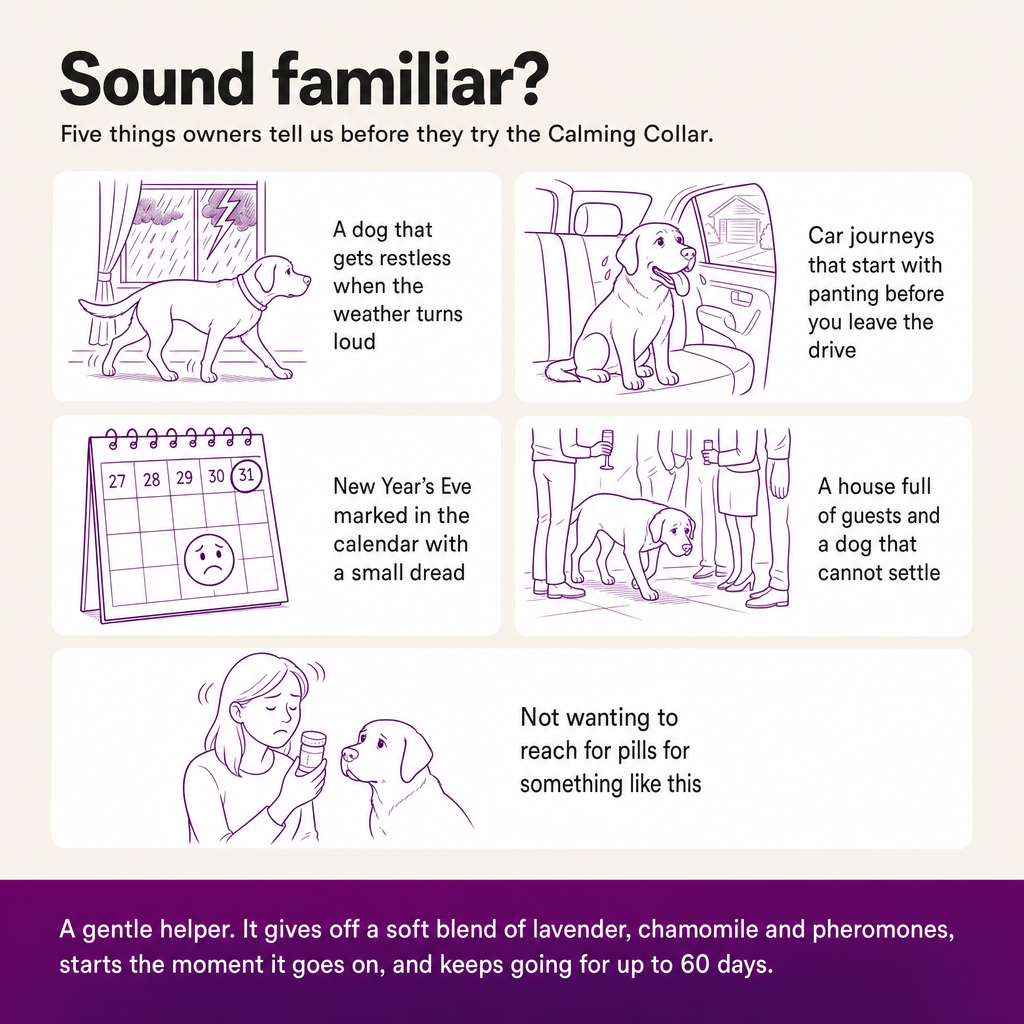 Sound familiar? Five things owners describe before trying the Calming Collar: loud weather, panting in the car, New Year's Eve dread, a house full of guests, not wanting pills.