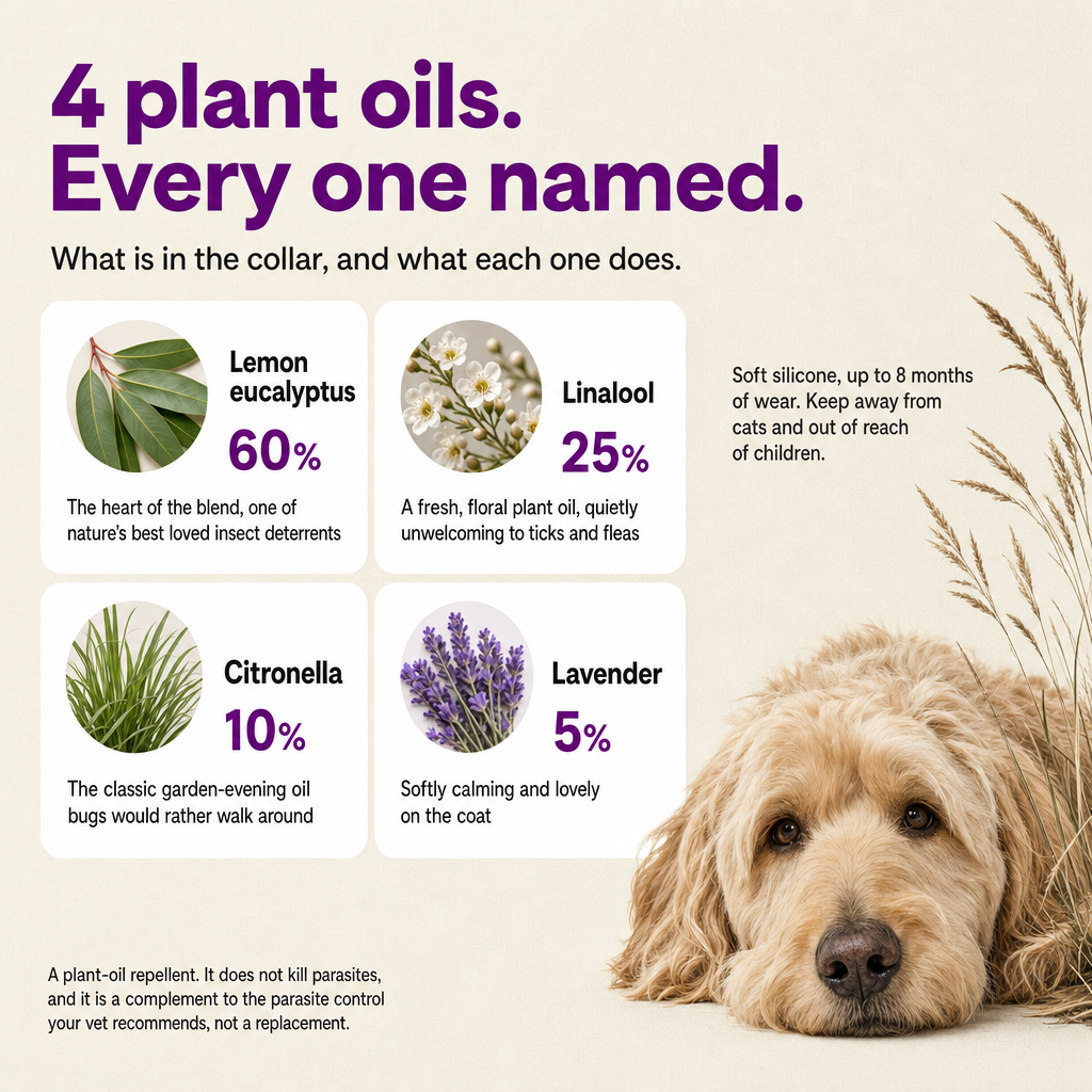 4 plant oils, every one named: lemon eucalyptus 60%, linalool 25%, citronella 10%, lavender 5%. A complement to the parasite control your vet recommends.