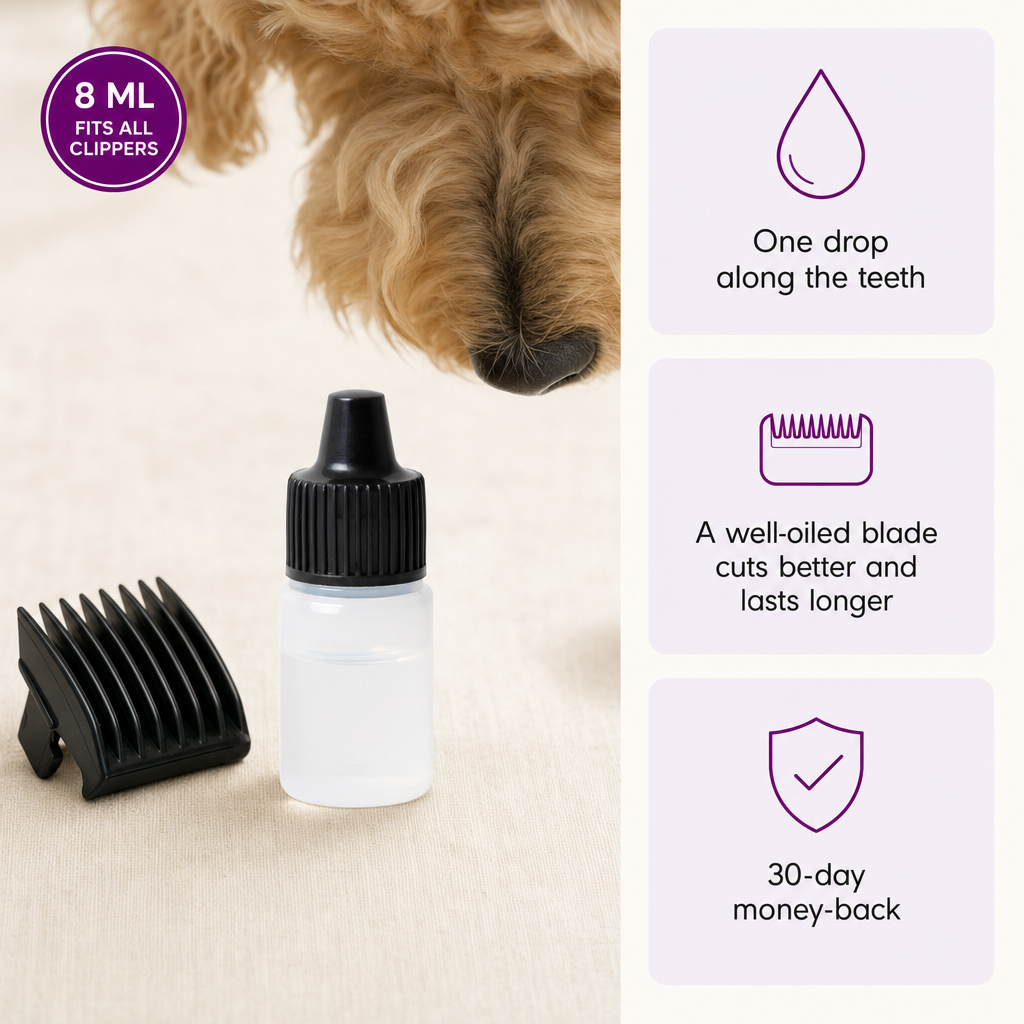 Bjaf Clipper Oil, 8 ml, fits all dog clippers. One drop along the teeth. A well-oiled blade cuts better and lasts longer. 30-day money-back.