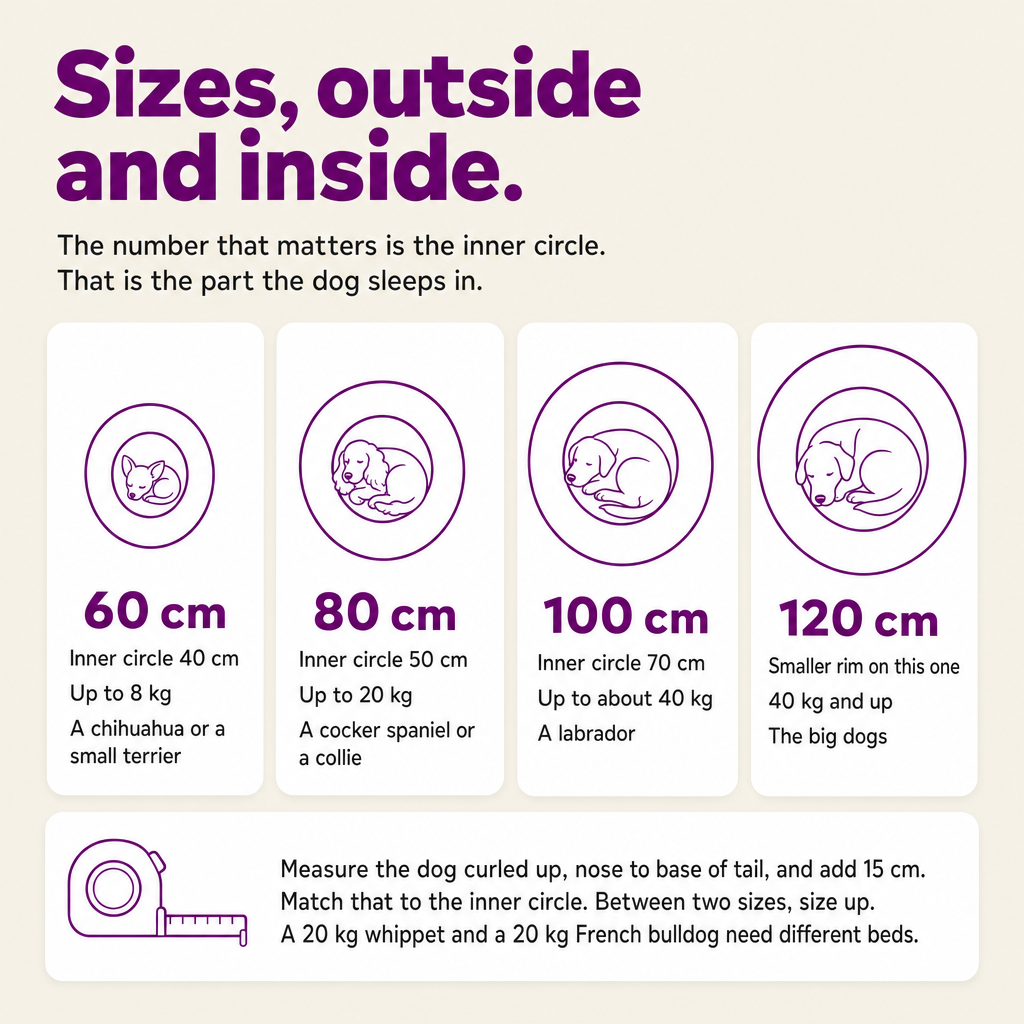 Sizes, outside and inside: 60 cm with 40 cm inner circle up to 8 kg, 80 cm with 50 cm up to 20 kg, 100 cm with 70 cm up to 40 kg, 120 cm for 40 kg and up. Measure the dog curled up and add 15 cm.